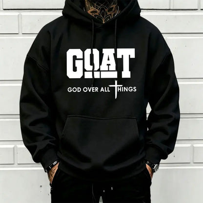 Men’s Stylish Black Hooded Sweatshirt (1 Piece) - Menswear Top, Goat-Inspired Letter Print, Plain Basics, Drop Shoulder Relaxed Fit, Drawstring Hood, Front Kangaroo Pocket, Soft Fabric, American Trend Long-Sleeve Pullover, Joggers Compatible - View 1