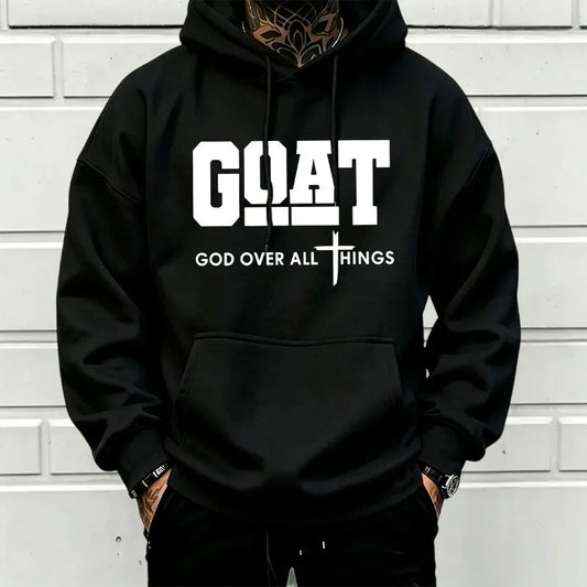 Men’s Stylish Black Hooded Sweatshirt (1 Piece) - Menswear Top, Goat-Inspired Letter Print, Plain Basics, Drop Shoulder Relaxed Fit, Drawstring Hood, Front Kangaroo Pocket, Soft Fabric, American Trend Long-Sleeve Pullover, Joggers Compatible - View 1