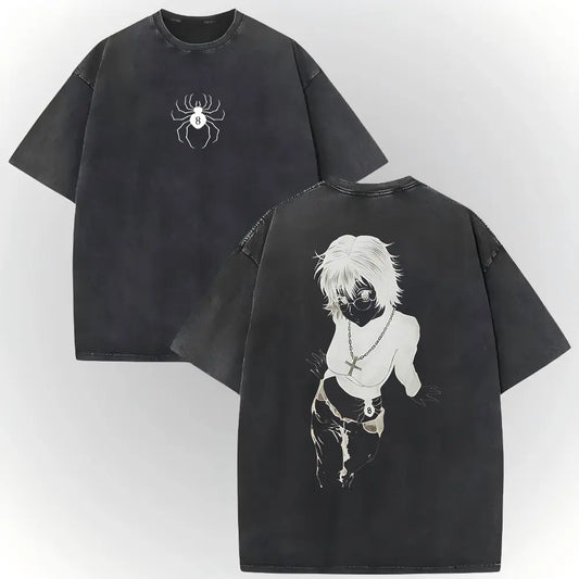 Men's Hunter X Hunter Shizuku Graphic T-Shirt - 100% Heavyweight Cotton, Vintage Washed, Ribbed Elastic Knit, Short-Sleeve, Loose Baggy Fit, Casual Anime Merchandise, Round Neck Graphic Shirt, Size L - View 1