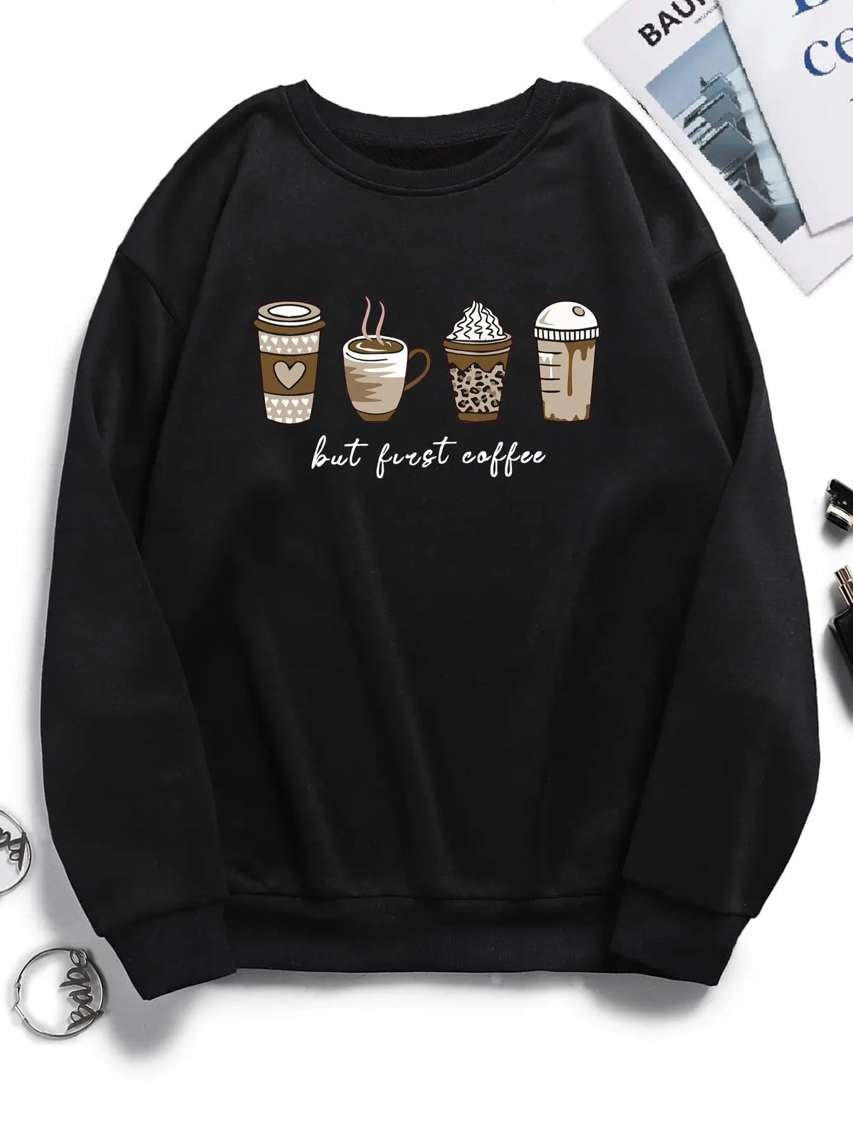 Women's Cartoon Coffee & Cup Print Drop Shoulder Round Neckline Sweatshirt, Casual Long-sleeve Pullover for Spring & Fall, Women's Clothes for Daily Wear - View 1