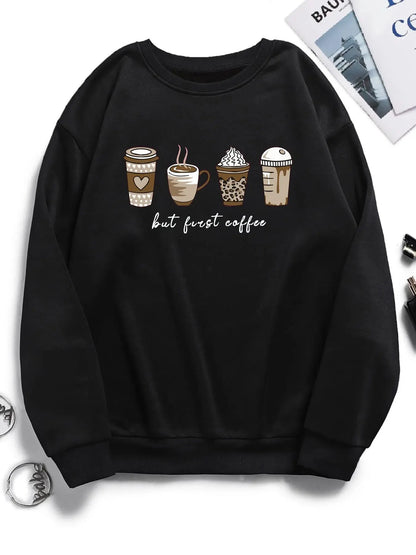 Women's Cartoon Coffee & Cup Print Drop Shoulder Round Neckline Sweatshirt, Casual Long-sleeve Pullover for Spring & Fall, Women's Clothes for Daily Wear - View 1