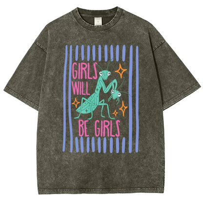Men's Cotton Casual Unisex Menswear Top - Fitted Round Neck Washed Funny T-Shirt, Girls Will Be Girls Mantis Cartoon Print, Feminist Bug Design, Gift for Insect Lovers - View 10