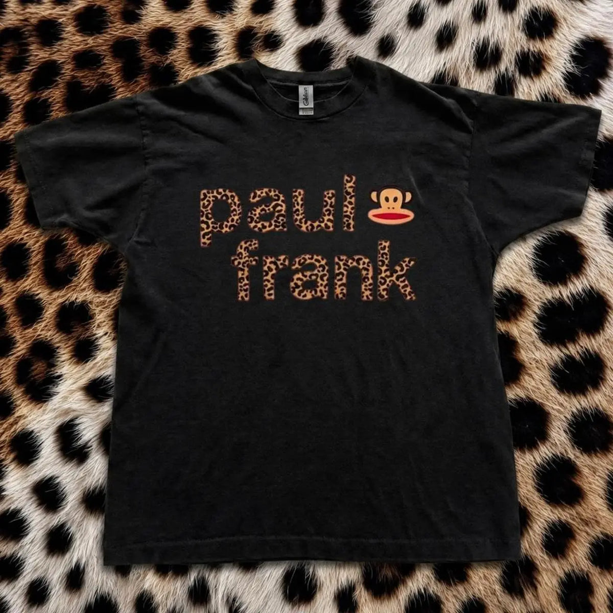 Paul Frank Black Leopard Print Animal Tee - Vintage Y2K Inspired Relaxed Fit Casual Wear, 90s Aesthetic Graphic T-Shirt, Summer Sports Top - View 1