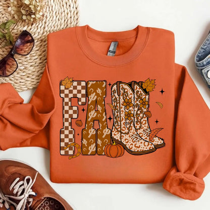 Cowboy Checkered Fall Sweatshirt/T-shirt, Fall Pumpkin Shirt, Halloween Shirt, Howdy, Spooky Shirt, Autumn Shirt, Western Halloween Ghost - View 1