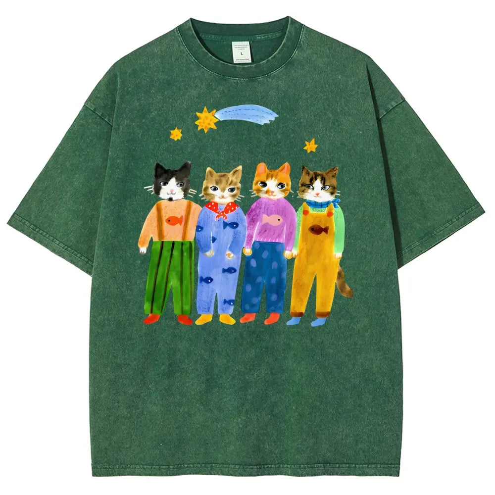 Men's Retro Hand-Painted Funny Cats In Overalls Graphic Vintage 90s Short-Sleeve Round-Neck Unisex Oversized Menswear T-Shirt, Breathable Fabric, Streetwear & Vacation Outfits - View 4