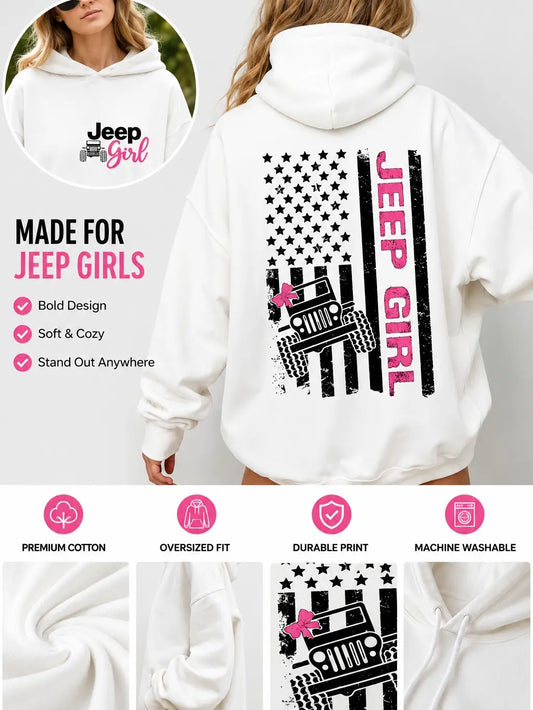 Women's Jeep Graphic Hoodie - Cute Off-Road American Flag Design, Fleece-Cotton Polyester Yarn Fabric, Ribbed Casual Street Style Pullover, Everyday Matching Unisex Trendy Top for Back to School Shopping - View 2