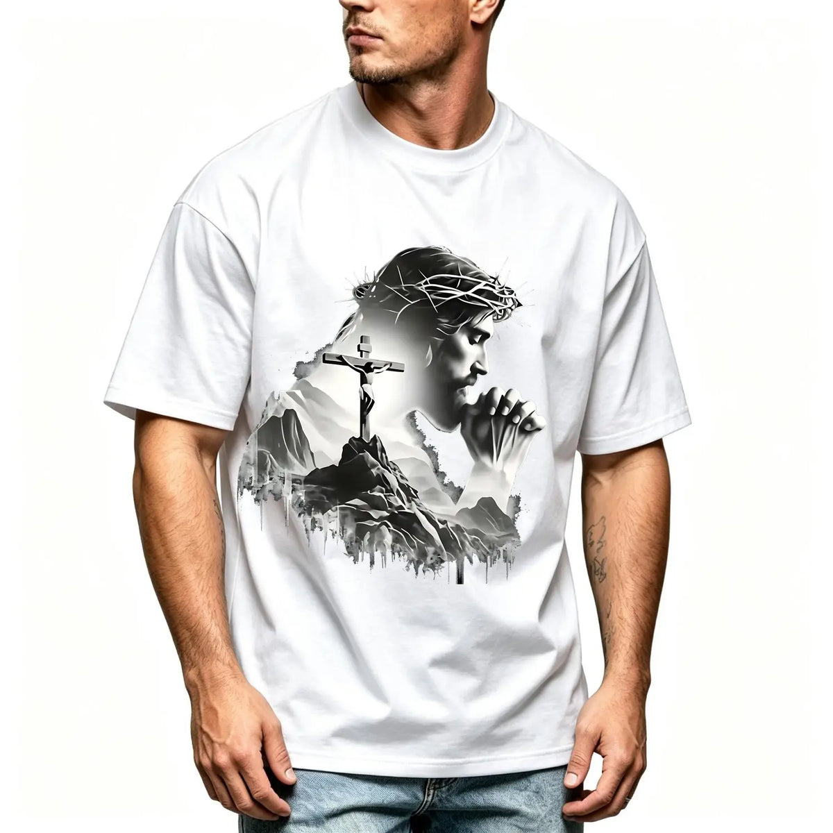 Summer t Shirts Jesus Praying Crown of Thorns Cross Mountain Christian T-Shirt, Faith Based Religious Graphic Tee for Men Women, Vintage Christian Gift, Jesus Lover Shirt, Trendy Christian Apparel - View 10