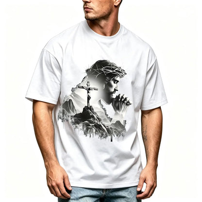 Summer t Shirts Jesus Praying Crown of Thorns Cross Mountain Christian T-Shirt, Faith Based Religious Graphic Tee for Men Women, Vintage Christian Gift, Jesus Lover Shirt, Trendy Christian Apparel - View 10