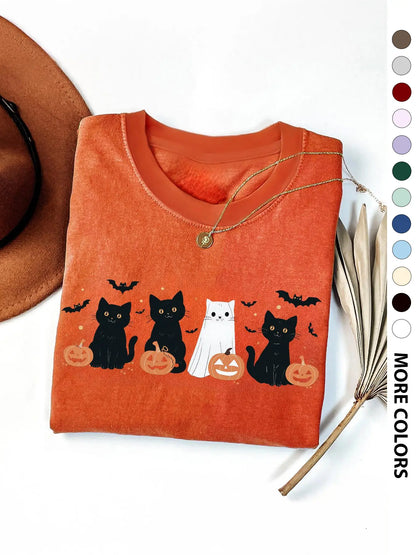 Women's Halloween Themed Cartoon Cat, Bat & Pumpkin Print Round Neck Tee, Cute Casual Fashion Fitted Drop Shoulder Short Sleeve T-shirt for Daily Wear, Ladies Clothes for All Seasons - View 15