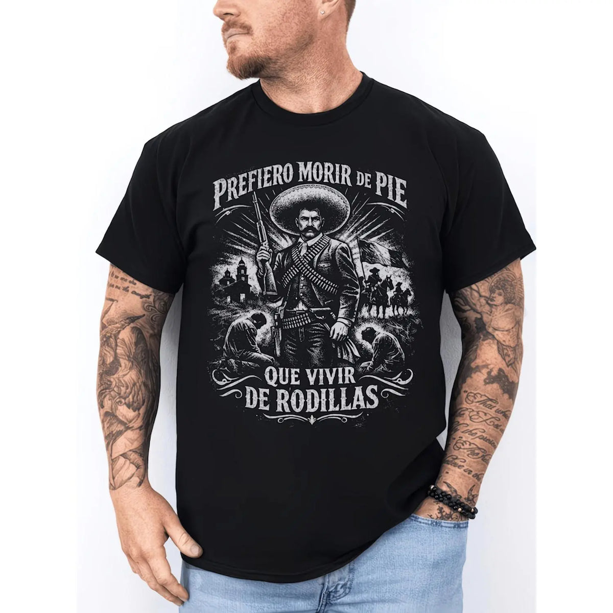 Men's 100% Pure Cotton Oversized Short-Sleeve Crew Neck T-Shirt - Historical Icon Emiliano Zapata Print Casual Graphic Top, Mexican Revolution Heat Transfer Menswear, Vintage Letter Gift for Friends - View 1