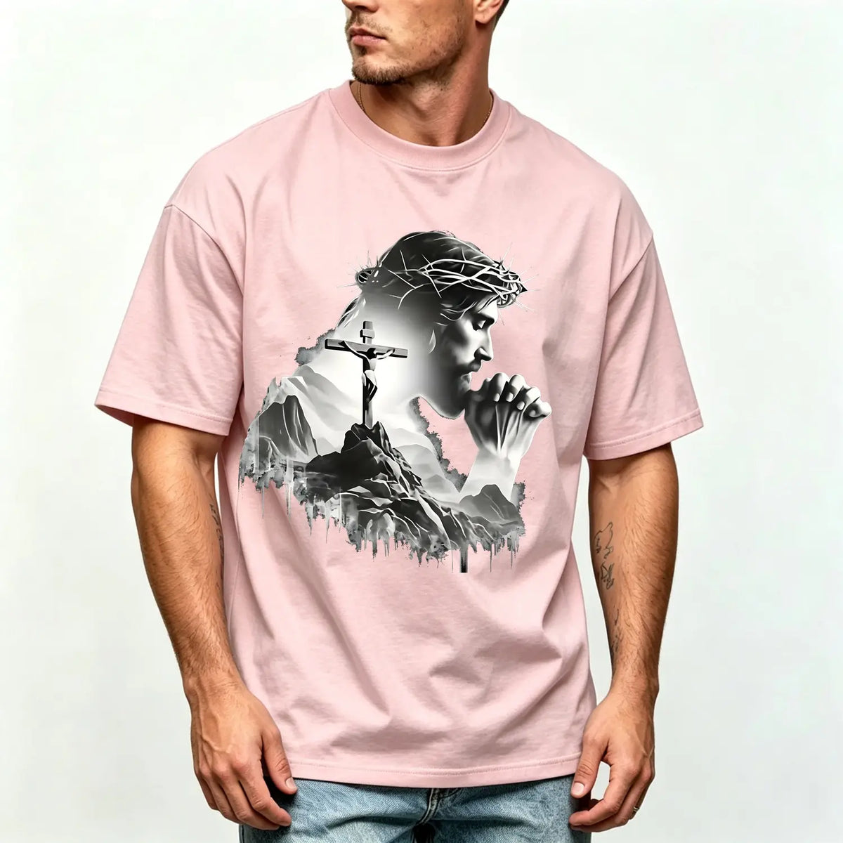 Summer t Shirts Jesus Praying Crown of Thorns Cross Mountain Christian T-Shirt, Faith Based Religious Graphic Tee for Men Women, Vintage Christian Gift, Jesus Lover Shirt, Trendy Christian Apparel - View 4