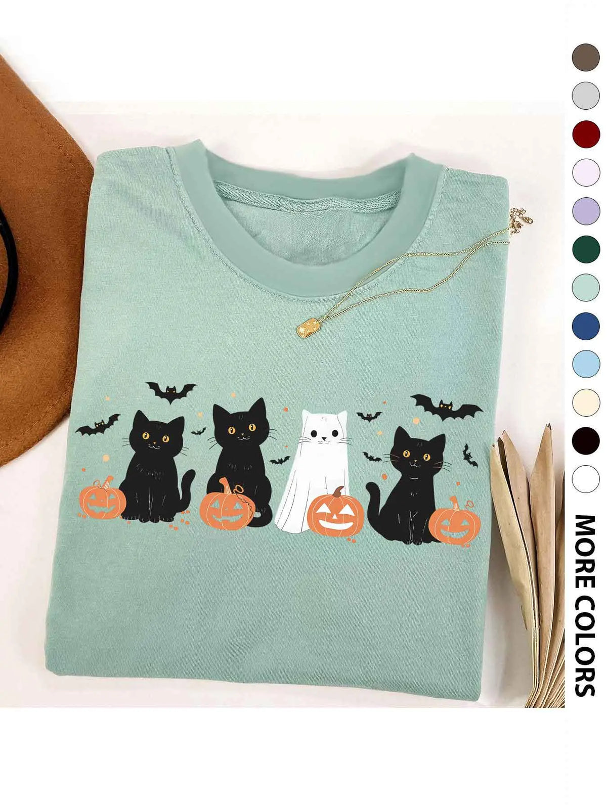 Women's Halloween Themed Cartoon Cat, Bat & Pumpkin Print Round Neck Tee, Cute Casual Fashion Fitted Drop Shoulder Short Sleeve T-shirt for Daily Wear, Ladies Clothes for All Seasons - View 13