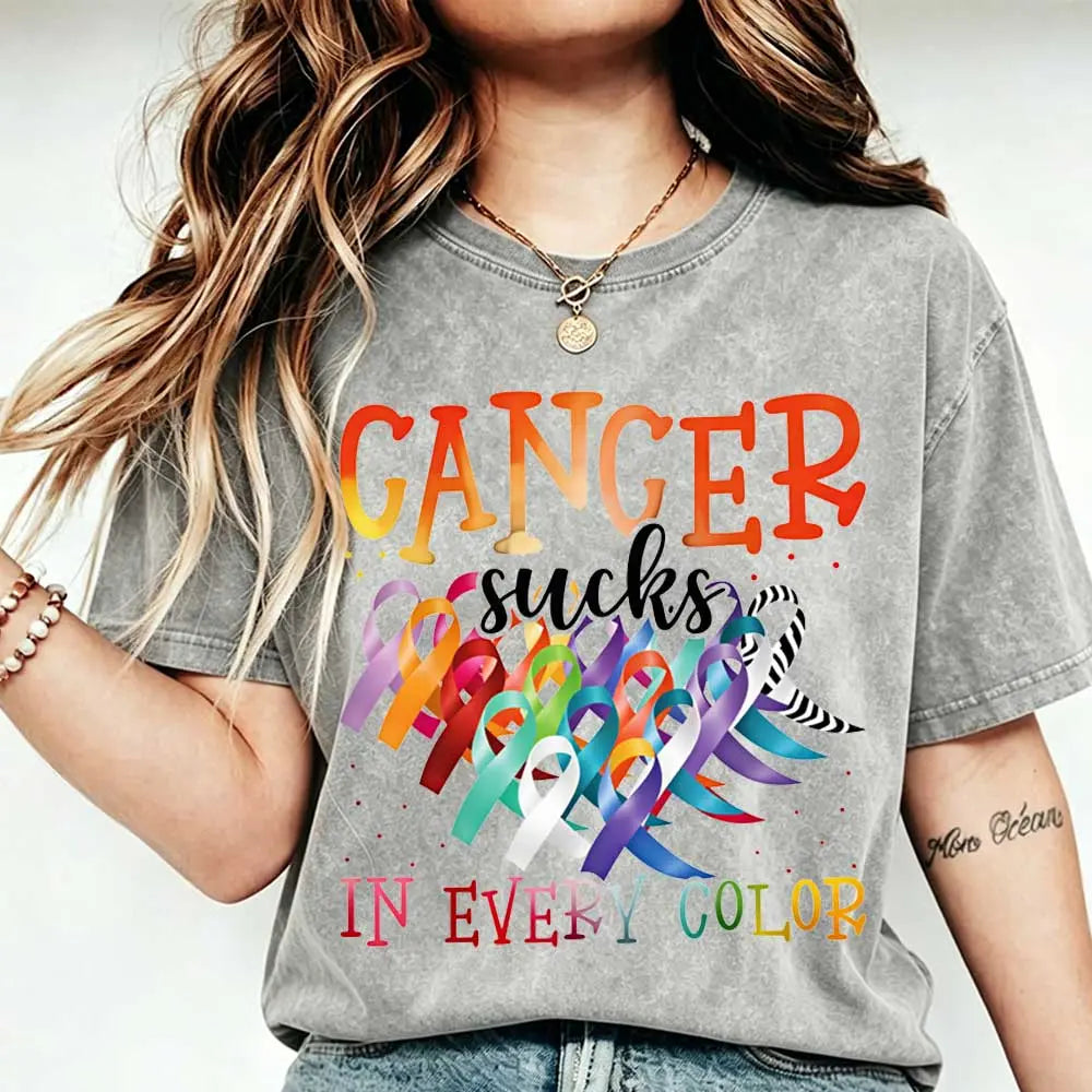 Cancer Sucks In Every Color Ribbon Awareness Print T Shirt Women Casual Short Sleeve Top - View 13