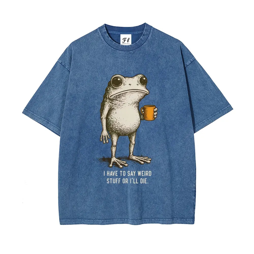 "I HAVE TO SAY WEIRD STUFF "Funny Frog Oversized Vintage Graphic T-Shirt, Retro Streetwear Casual Top in Soft Eco-Friendly Washed Stretch Cotton, Fabric - View 5