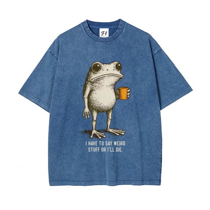 "I HAVE TO SAY WEIRD STUFF "Funny Frog Oversized Vintage Graphic T-Shirt, Retro Streetwear Casual Top in Soft Eco-Friendly Washed Stretch Cotton, Fabric - View 5