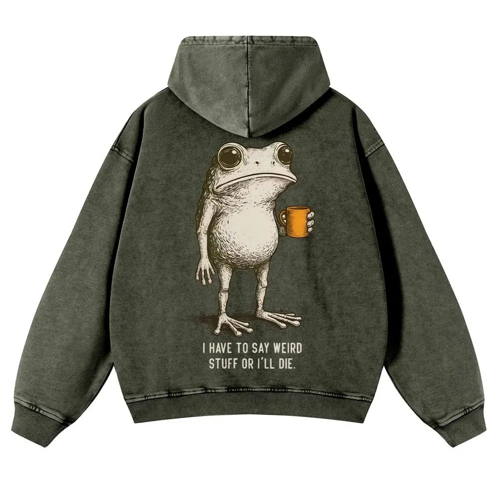 "I HAVE TO SAY WEIRD STUFF "Funny Frog Oversized Vintage Graphic T-Shirt, Retro Streetwear Casual Top in Soft Eco-Friendly Washed Stretch Cotton, Fabric - View 9