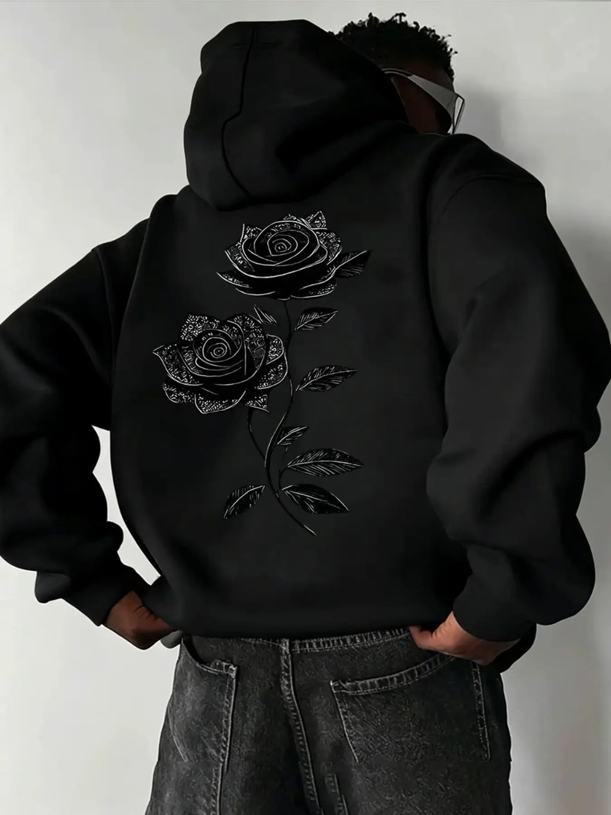 Oversized Drawstring Hoodie with Pocket, Dual Vintage Black Rose Line-Art Prints on the Chest and Back, Soft Long-Sleeve Gothic Streetwear Sweatshirt #RosePrintHoodie #GothicStreetwear #DarkAestheticTop #DualPrintHoodie - View 1