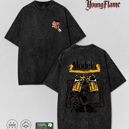 Vintage Acid Wash Skeleton Drinking Beer Graphic Tee Grunge Streetwear Y2K Clothing Oversized Summer Top loose fit casual shirt cotton t-shirt - View 9