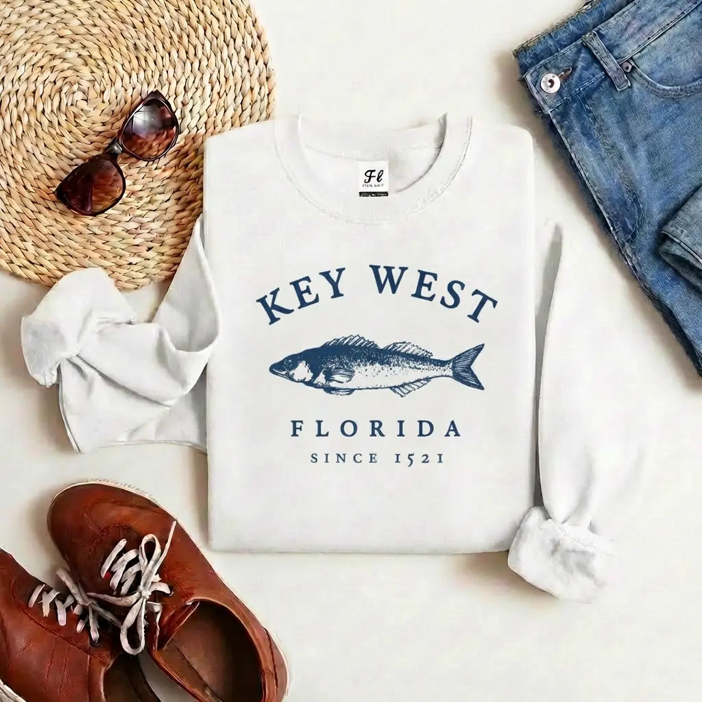 Key West Florida Fish Graphic Crewneck Sweatshirt Vintage Coastal Retro Pullover Top for Women Unisex Oversized Loose Fit Cotton Blend Long Sleeve Travel Beach Souvenir Apparel Casual Breathable sweatshirts for women - View 1