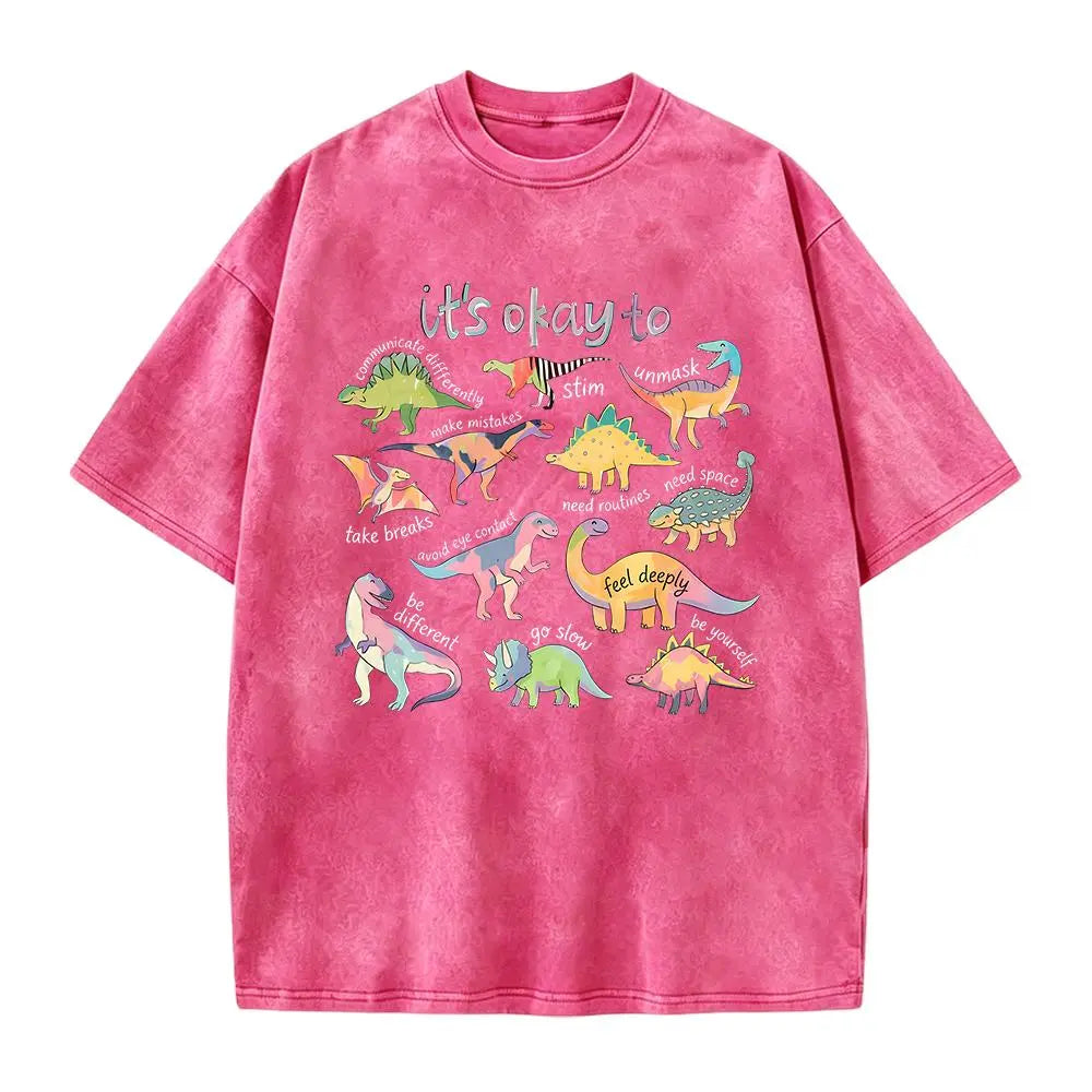 Women's Fitted Short-Sleeve Autism Awareness T-Shirt - Smooth, Seamless Fabric, Vibrant Graphics, "It’s Ok To Be Different" Dinosaur Design, Neurodiversity Gift for SPED Teachers - View 4