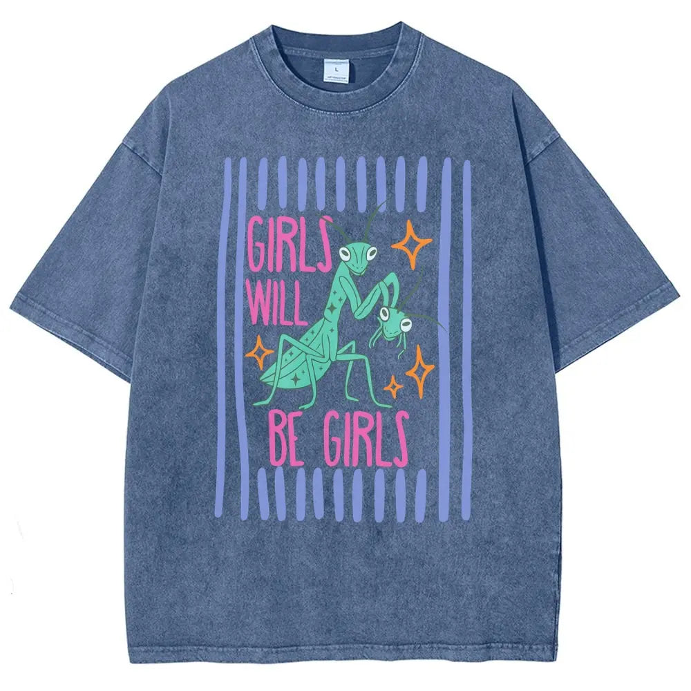 Men's Cotton Casual Unisex Menswear Top - Fitted Round Neck Washed Funny T-Shirt, Girls Will Be Girls Mantis Cartoon Print, Feminist Bug Design, Gift for Insect Lovers - View 12