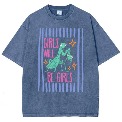 Men's Cotton Casual Unisex Menswear Top - Fitted Round Neck Washed Funny T-Shirt, Girls Will Be Girls Mantis Cartoon Print, Feminist Bug Design, Gift for Insect Lovers - View 12