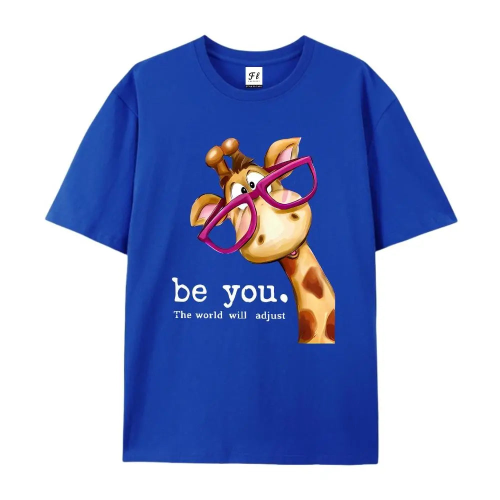 Lady's Unisex Everyday Shortleeve T-Shirt - Cartoon Giraffe with Exaggerated Pink Frame Glasses Print, Crew Neck, Versatile Vintage Fabric Top for Commute, Vacation (Spring/Summer/Fall) #SummerVibes Womenswear, Shortsleeve - View 3