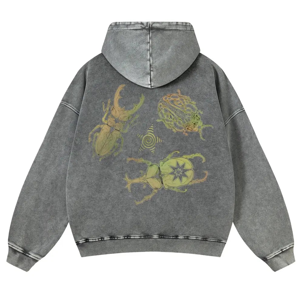 Men's Vintage Washed Oversized Long Sleeve Hoodie - Thick Cotton Blend Psychedelic Beetle Graphic Pullover, Plus Size Vintage Casual Streetwear Clothing for Jeans Pairing - View 7