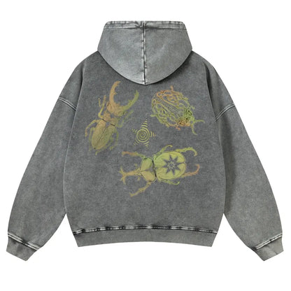 Men's Vintage Washed Oversized Long Sleeve Hoodie - Thick Cotton Blend Psychedelic Beetle Graphic Pullover, Plus Size Vintage Casual Streetwear Clothing for Jeans Pairing - View 7