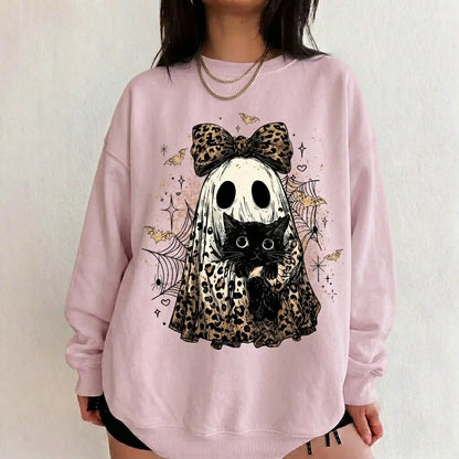 Leopard Ghost Cat Halloween Sweatshirt, Cute Spooky Black Cat Graphic Shirt, Coquette Bow Ghost Fall Outfit - View 15