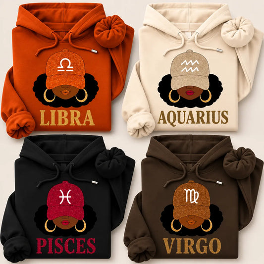 12 Zodiac Slay Girl Hoodie, Afro Zodiac Sign Hooded Sweatshirt, Cozy Horoscope Graphic Pullover, Perfect Gift for Zodiac Lovers Cotton Fleece - View 1
