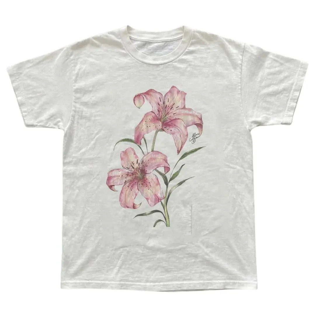 Pink Lily Floral T-Shirt, Tree Shirt, Natural Tee, Gifts Shirt, Unisex Vintage Graphic Tees Gothic Grunge Y2k Emo Scene Amity Affliction Style Clothes Men Women Streetwear - View 1
