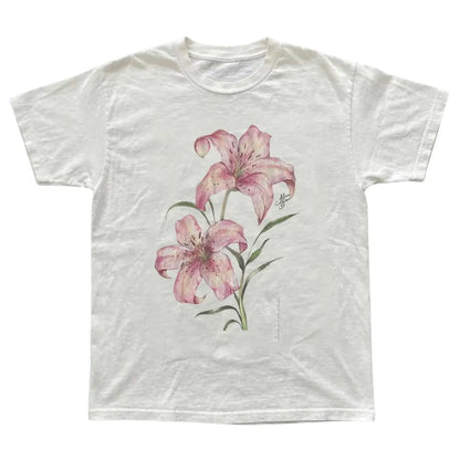 Pink Lily Floral T-Shirt, Tree Shirt, Natural Tee, Gifts Shirt, Unisex Vintage Graphic Tees Gothic Grunge Y2k Emo Scene Amity Affliction Style Clothes Men Women Streetwear - View 1