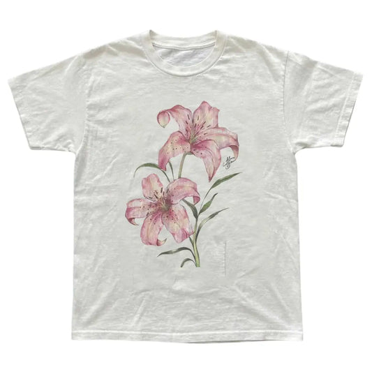 Pink Lily Floral T-Shirt, Tree Shirt, Natural Tee, Gifts Shirt, Unisex Vintage Graphic Tees Gothic Grunge Y2k Emo Scene Amity Affliction Style Clothes Men Women Streetwear - View 1
