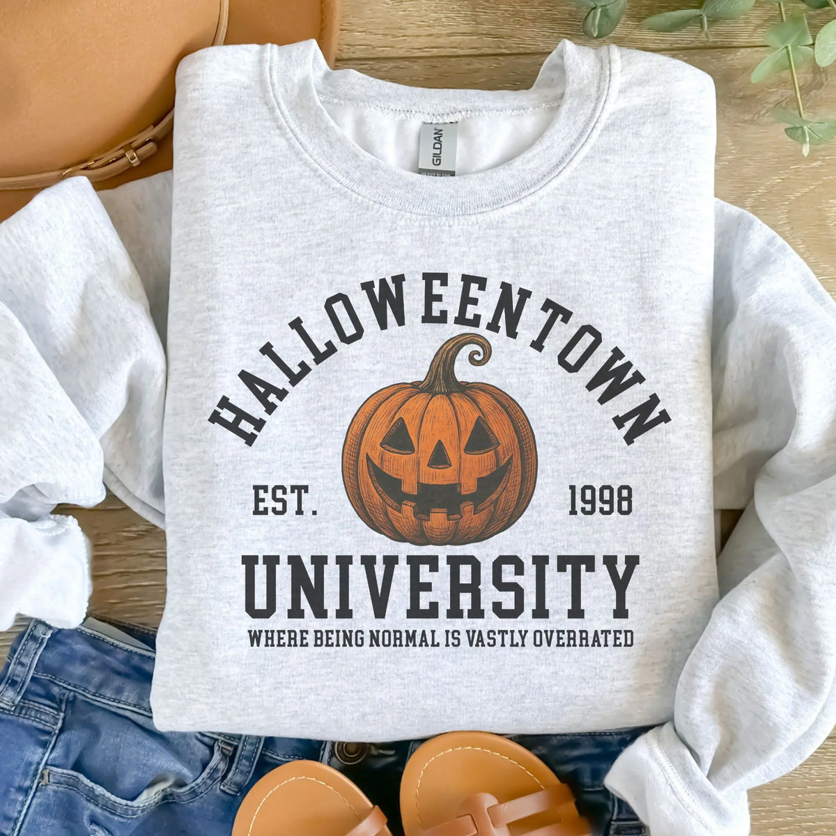 Halloween Town University Pumpkin Sweatshirt - Ash Grey - Halloween Sweatshirt - Spooky Sweatshirt Cotton Fabric Aesthetic Comfy - View 2