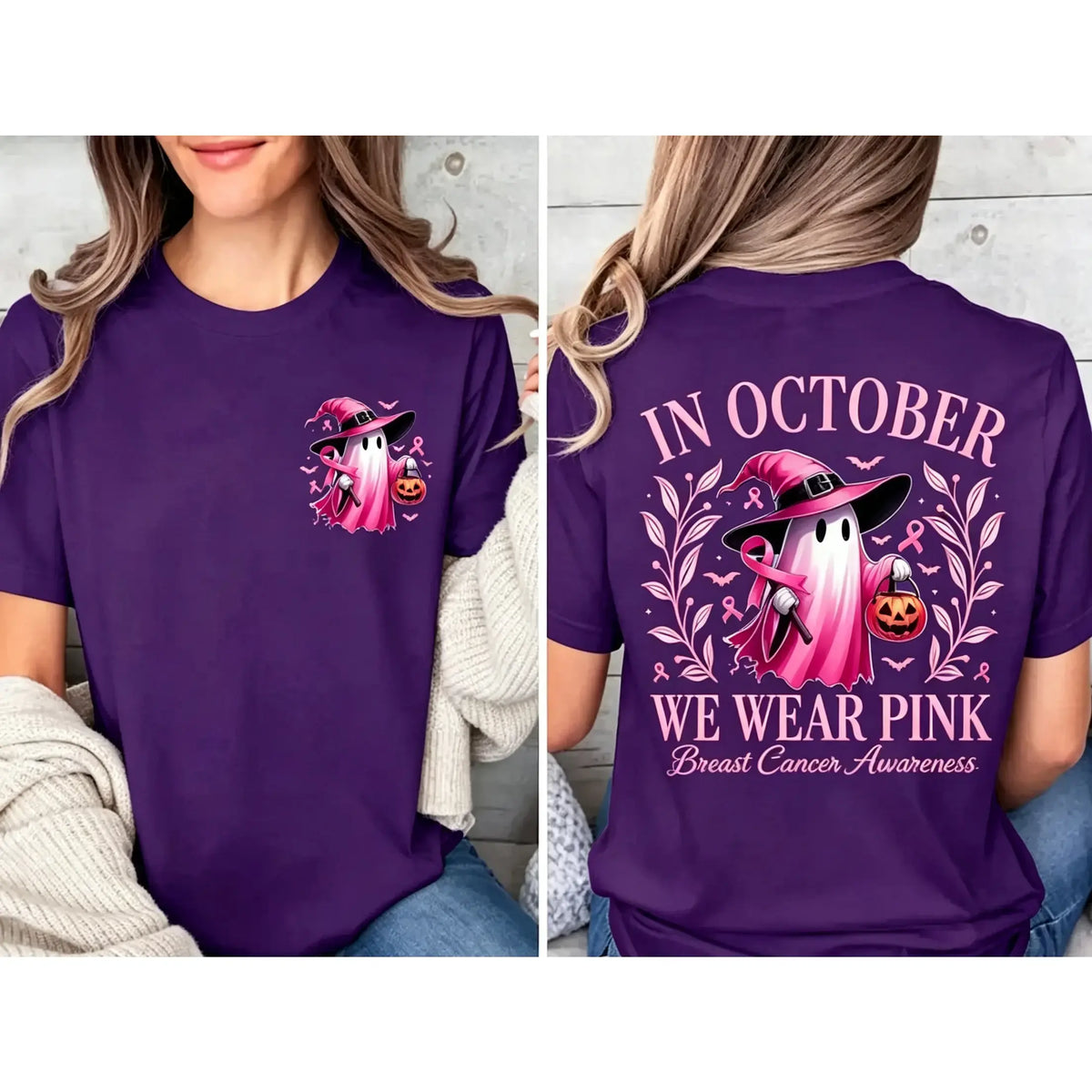 In October We Wear Pink Ghost Shirt, Halloween in October We Wear Pink, Breast Cancer Awareness Shirt, Pink Ribbon Shirt, Wear Pink Pumpkin PGS0018 - View 11