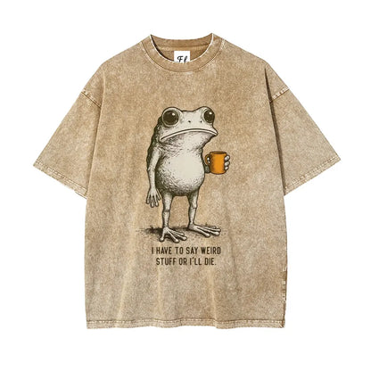 "I HAVE TO SAY WEIRD STUFF "Funny Frog Oversized Vintage Graphic T-Shirt, Retro Streetwear Casual Top in Soft Eco-Friendly Washed Stretch Cotton, Fabric - View 13