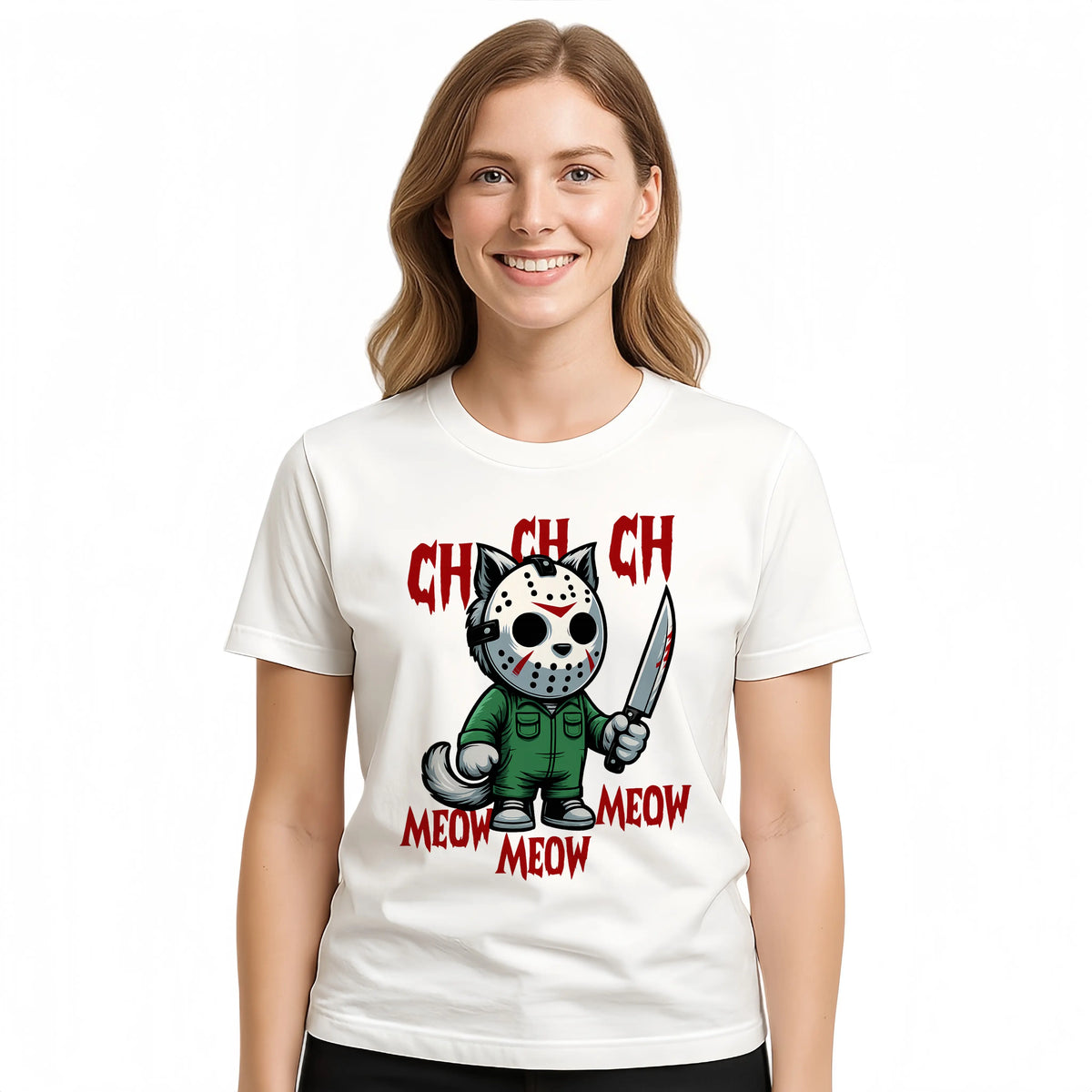MEOW Scary Cat Print Short Sleeve Unisex Oversized Gothic Y2K Halloween Gift Soft Cotton Loose Fit Casual Top - View 6