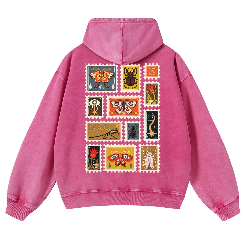 Unisex 380g Washed Brown Vintage Insect Stamp Print Cotton Pullover Hoodie - Soft, Oversize, Casual Longsleeves Tops, Vintage Clothing, 3XL Menswear Autumn Apparel, Cold Wash Compatible - View 3