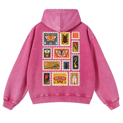 Unisex 380g Washed Brown Vintage Insect Stamp Print Cotton Pullover Hoodie - Soft, Oversize, Casual Longsleeves Tops, Vintage Clothing, 3XL Menswear Autumn Apparel, Cold Wash Compatible - View 3