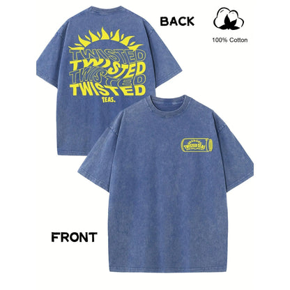 Vintage-Inspired Twisted Tea Cotton Short-Sleeve Tshirt - ,Double-Sided Print, Drop Shoulder Sleeves, 230g Thick High-Quality Fabric, Round Neck, Casual Streetwear Top - View 17