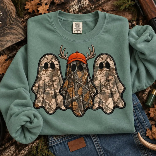 Retro Ghost Hunting Halloween Sweatshirt, Spooky Camo Graphic Pullover Vintage Ghost Hunter Crewneck Fall Fleece Top Cute Halloween Gift for Women - View 1