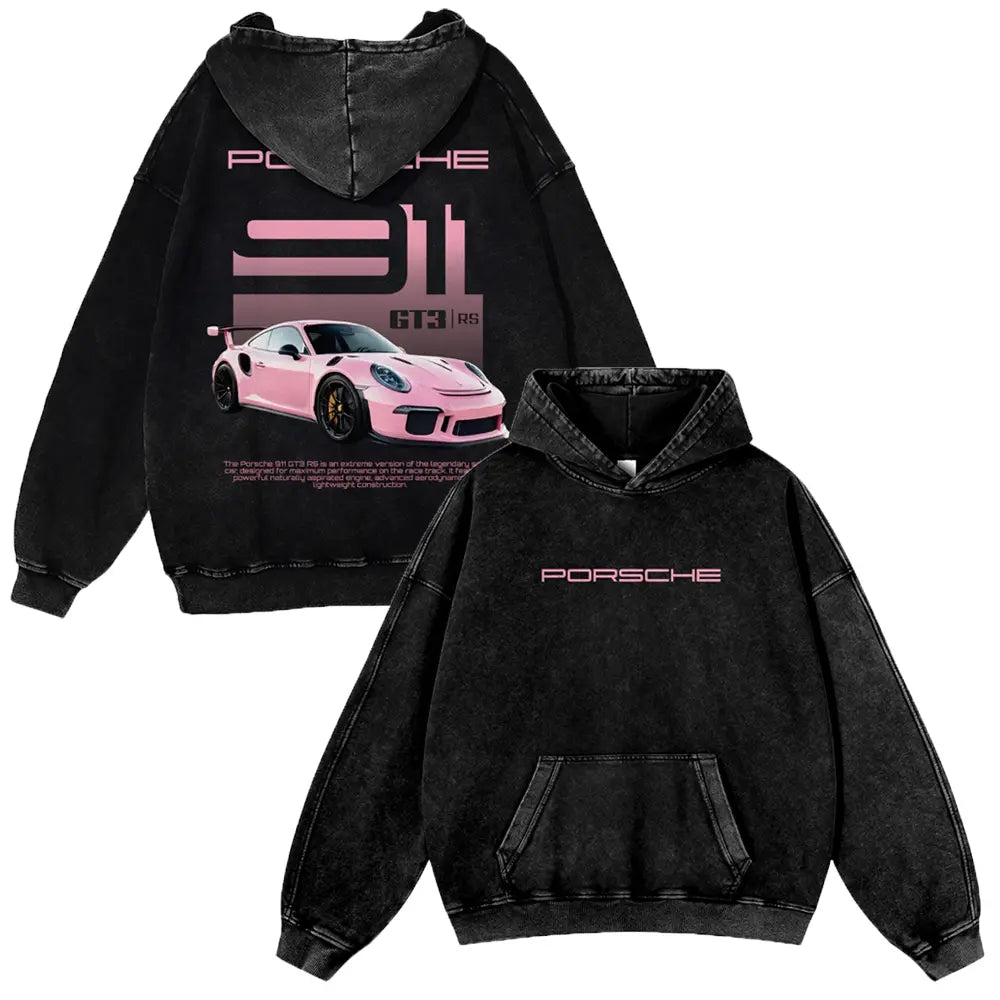 Men's Berry Pink 380g Autumn Vintage GT3 RS Washed Graphic Hoodie, 911 Pull-On Sweatshirt for Casual OOTD & Outfit Inspiration - View 1
