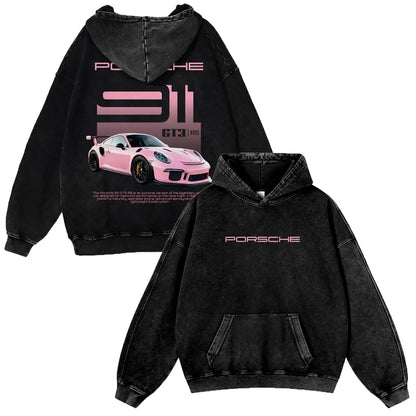 Men's Berry Pink 380g Autumn Vintage GT3 RS Washed Graphic Hoodie, 911 Pull-On Sweatshirt for Casual OOTD & Outfit Inspiration - View 1