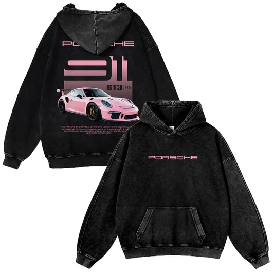 Men's Berry Pink 380g Autumn Vintage GT3 RS Washed Graphic Hoodie, 911 Pull-On Sweatshirt for Casual OOTD & Outfit Inspiration - View 1