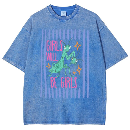 Men's Cotton Casual Unisex Menswear Top - Fitted Round Neck Washed Funny T-Shirt, Girls Will Be Girls Mantis Cartoon Print, Feminist Bug Design, Gift for Insect Lovers - View 6