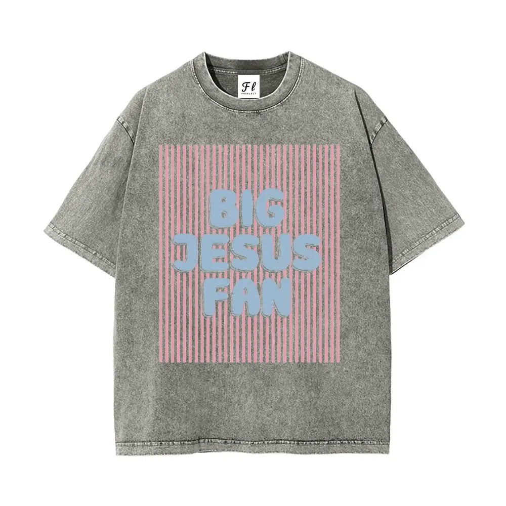 Unisex Big Jesus Fan Unisex Washed T-Shirt Plus Size Shirt Cotton Streetwear Breathable Fabric - View 3