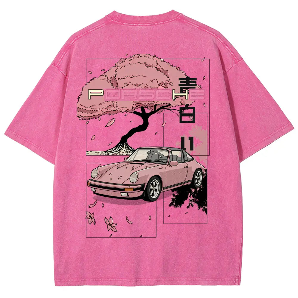 Cherry Blossom Japanese Aesthetic Classic Sports Car Vintage Washed Tee 90s Men's Graphic Tee t Shirts Funny Graphic Tee Good Graphic Tees Graphic Tees Streetwear Outfits Men Vacation Outfits Oversized Tshirt Men - View 3