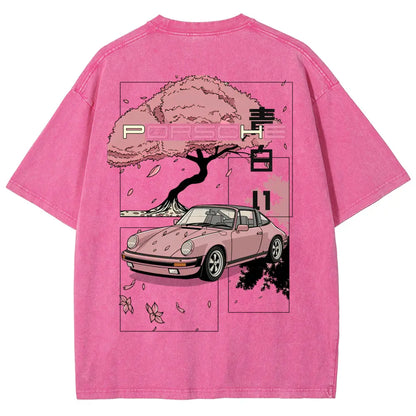 Cherry Blossom Japanese Aesthetic Classic Sports Car Vintage Washed Tee 90s Men's Graphic Tee t Shirts Funny Graphic Tee Good Graphic Tees Graphic Tees Streetwear Outfits Men Vacation Outfits Oversized Tshirt Men - View 3