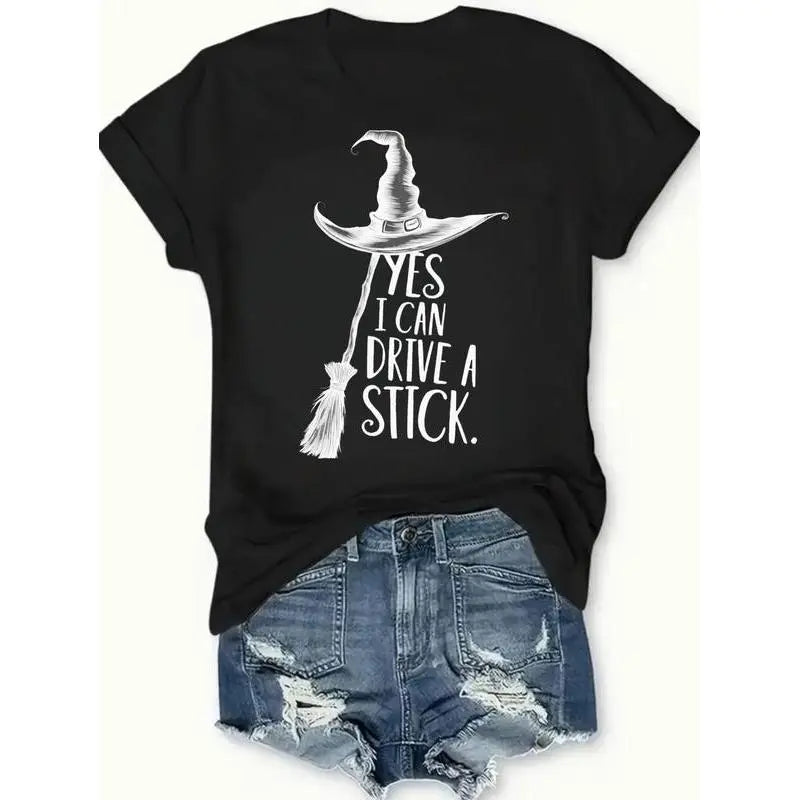 Women's Yes I Can Drive a Stick Witch Graphic T-Shirt, Casual Oversized 100% Cotton Short Sleeve Top for Spring Summer - View 10